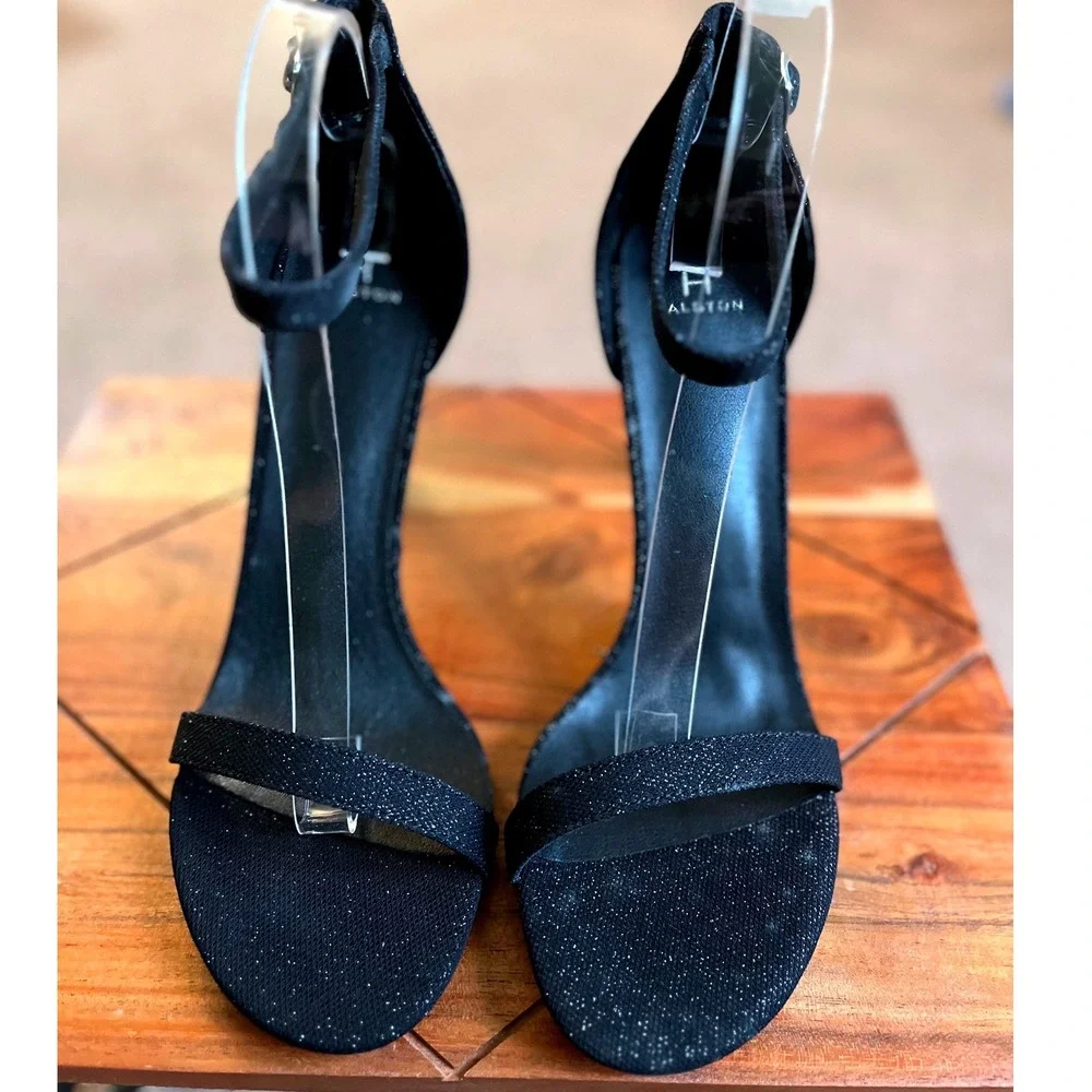 Halston Maui Black Glitter Stiletto Ankle Strap Sandals Heels US 10 EU 41